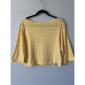 MOTHER Women’s Cropped Yellow/White Striped Boat Neck 3/4 Bell Sleeve Top Size M